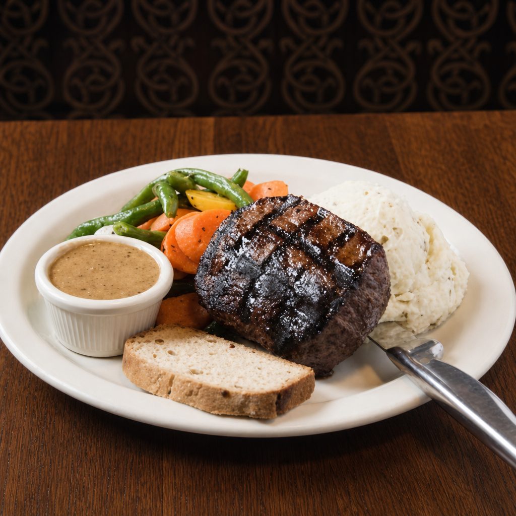Steak with Peppercorn Sauce.